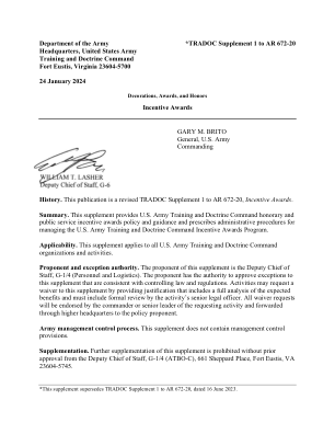 美国陆军部 *TRADOC 补充文件 1，AR 672-20 总部，美国陆军训练与条令司令部 弗吉尼亚州尤斯蒂斯堡 23604-57
